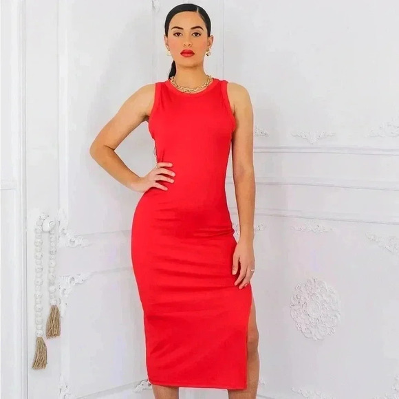 Red side slit midi dress - Picture 4 of 7